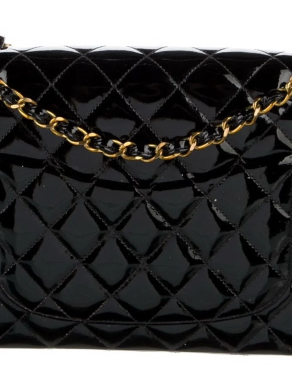 CHANEL Black Patent Quilted Double Flap Shoulder Bag with Gold Hardware